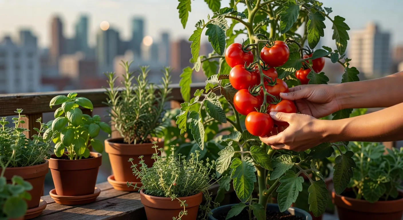 Harvesting fresh tomatoes from a container garden