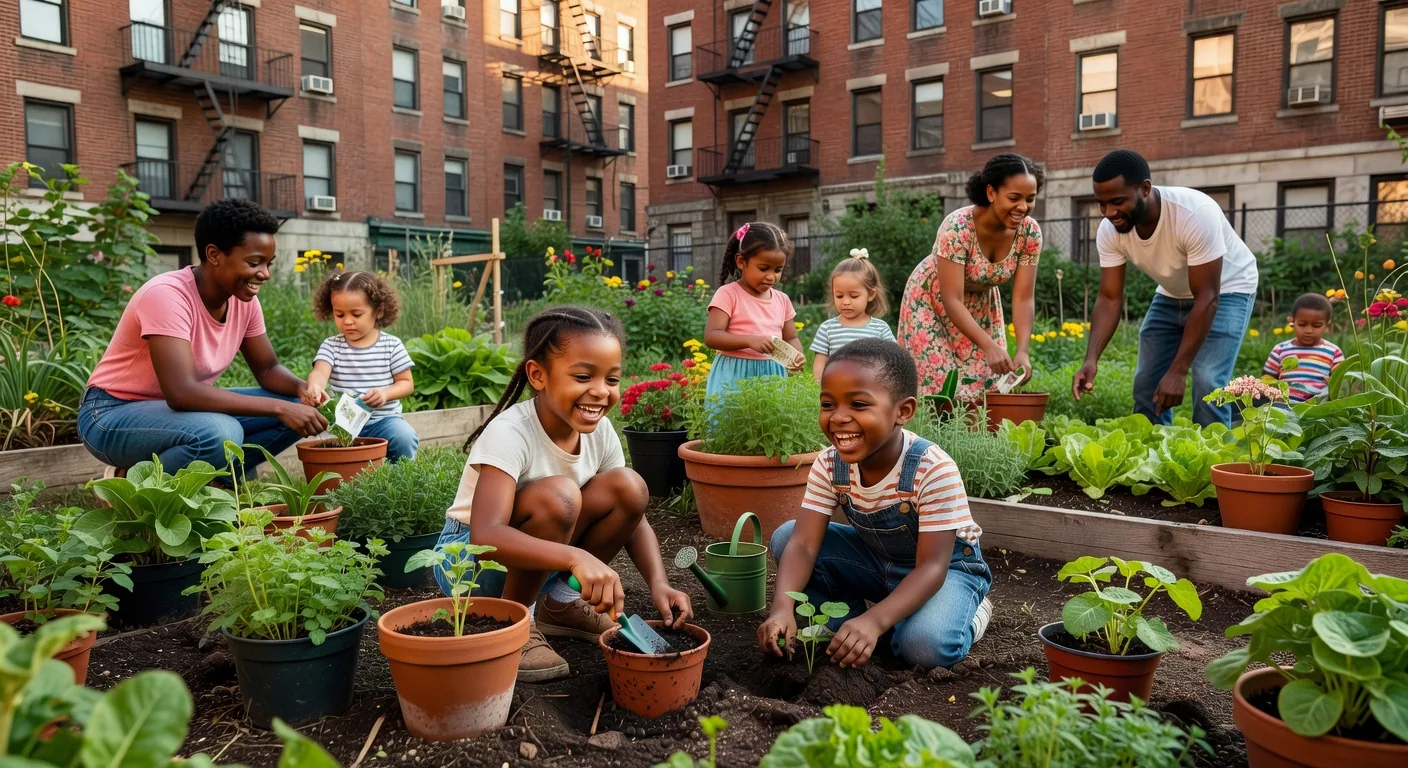 Children learning how to plant in an urban setting