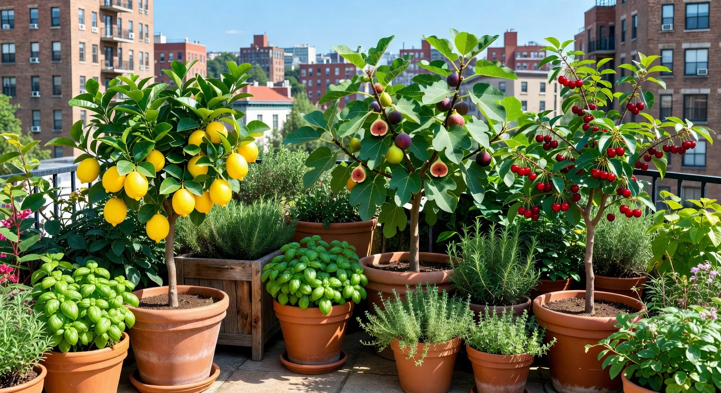 Potted fruit trees thriving on a rooftop