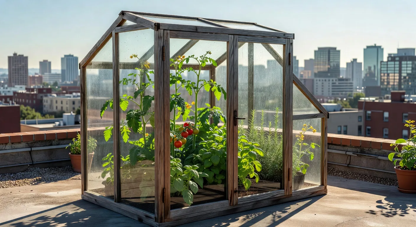 A well-lit mini greenhouse on a rooftop, perfect for starting herbs