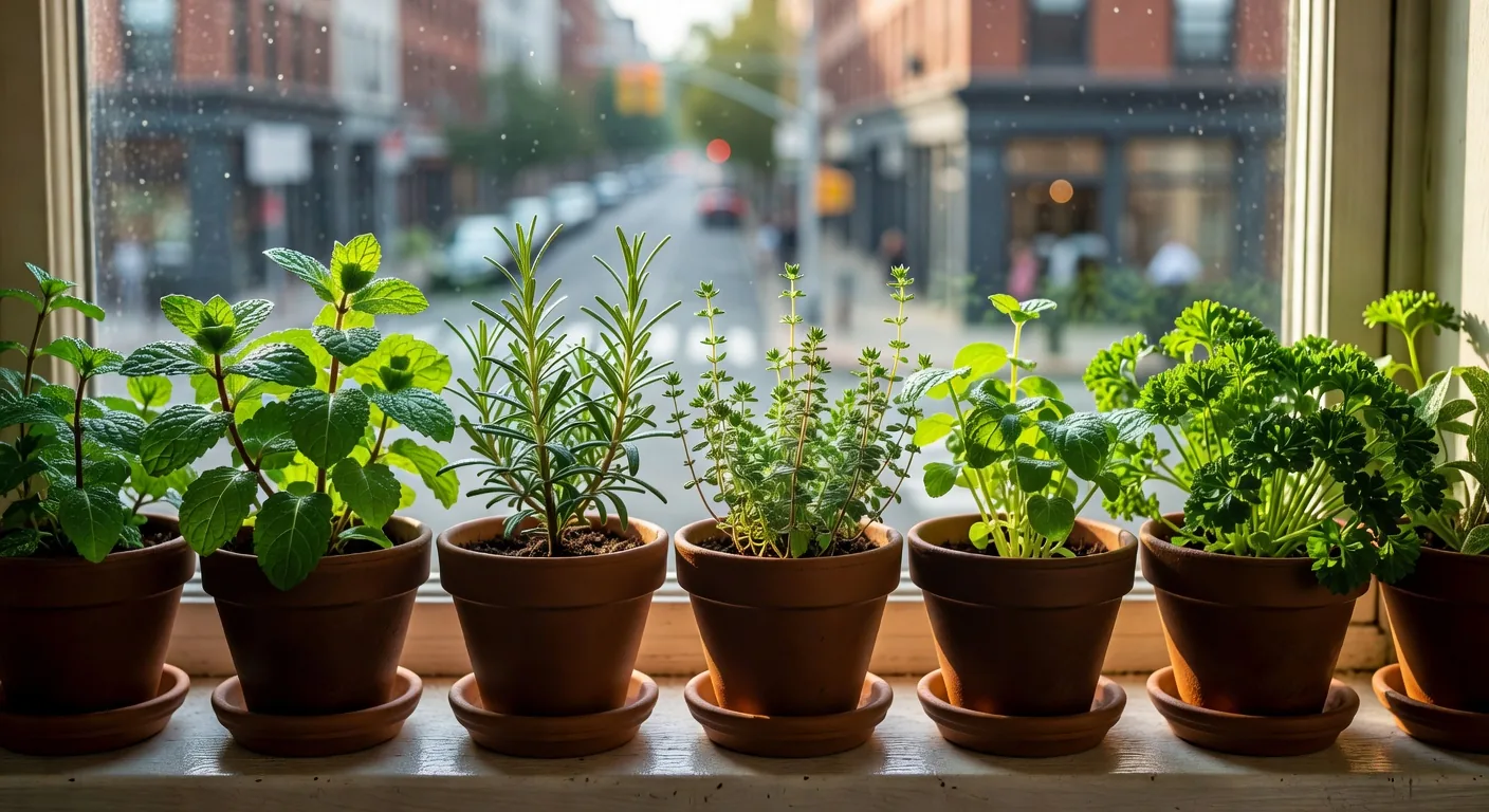 Herbs growing on a windowsill